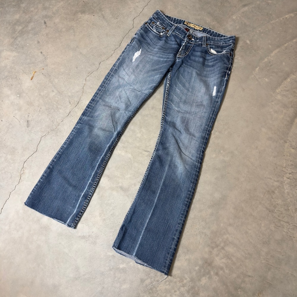 Vintage BKE Sabrina‎ Boot Jeans Womens 27 Blue Baggy Distressed Raw Hem Stretch